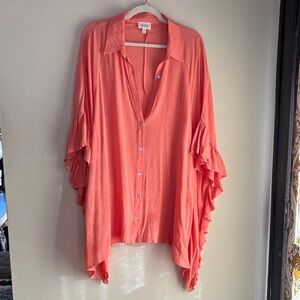 Elegant Coral Ruffle Blouse by Heyson